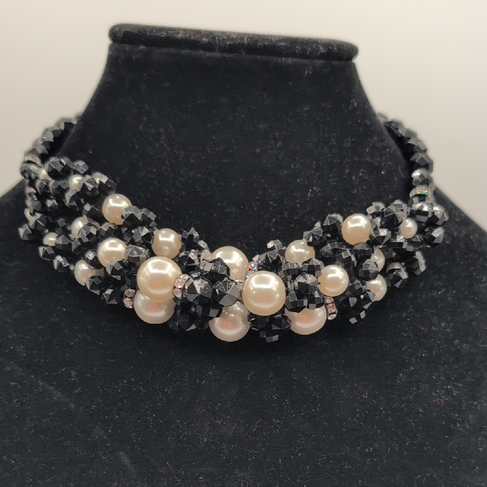 Elegant Black and Faux Pearl Beaded Multi Strand Necklace